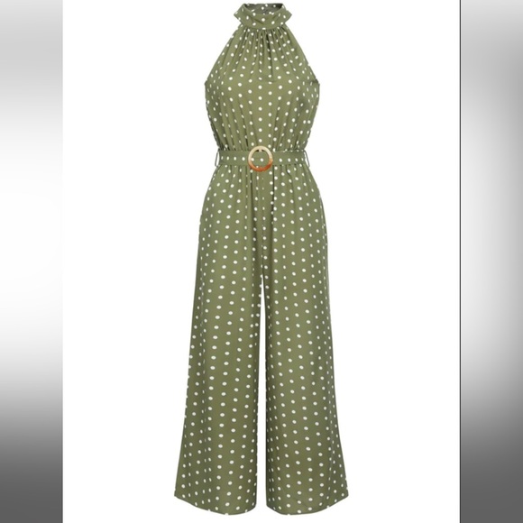 Green and white Polka dot belt jumpsuit - Picture 2 of 7